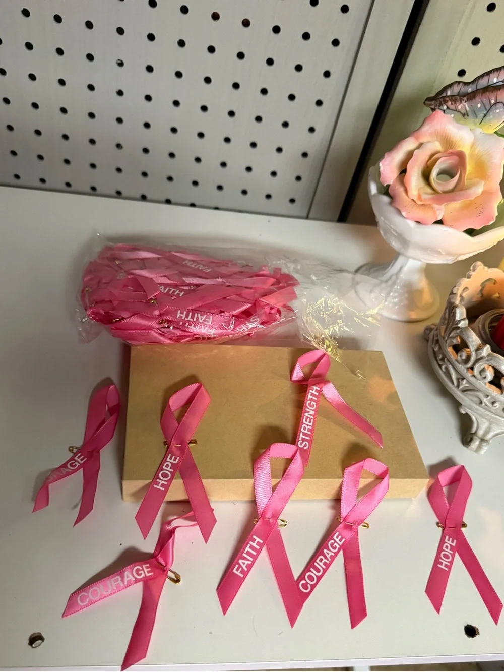 Pink Awareness Ribbon Pins - Hope Courage Strength Faith - Home Party Supplies